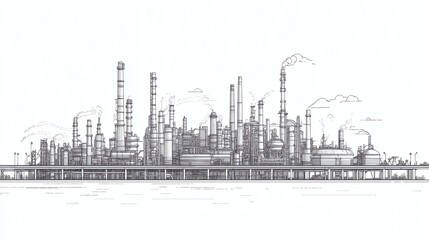 Fototapeta premium Industrial city vector illustration with thin line art, minimal buildings and factories, bridge, and traffic elements on a white background, offering a clean, detailed view of urban industry.