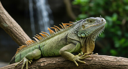 Obraz premium Iguana Spikes Tree Branch Scales: Green iguana resting on a tree branch, showcasing its spiky dorsal crest and scaly skin