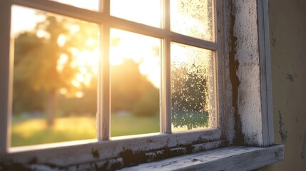 Fototapeta premium Sunlight Through a Rustic Window with Frosted Glass Reflection
