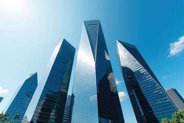 Naklejka premium A Stunning View of Modern Skyscrapers Under a Clear Blue Sky A Captivating Urban Landscape Featuring Iconic Architectural Designs in a Vibrant City
