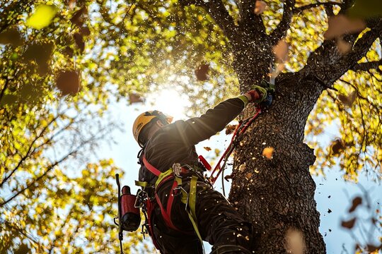 An arborist in a safety harness pruning a tall tree with a handsaw. The sun shines through the leaves as wood chips fall to the ground. 