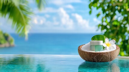 Obraz premium Luxury summer spa retreat with infinity pool, coconut skincare, and bamboo decor. Serene, elegant ambiance perfect for wellness and travel inspiration