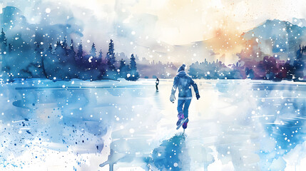Fototapeta premium Skating on Frozen Lake watercolor