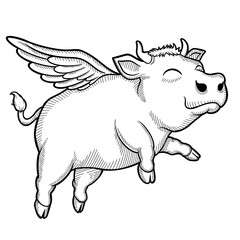 Fototapeta premium Whimsical Flying Cow: A black and white illustration of a smiling cow with wings soaring through the air, evoking a sense of fantasy and delight.