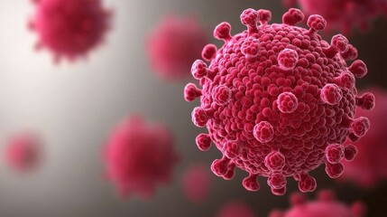 A close-up of a virus, featuring a spiky surface and vibrant red color, illustrating its complex structure and infectious nature.