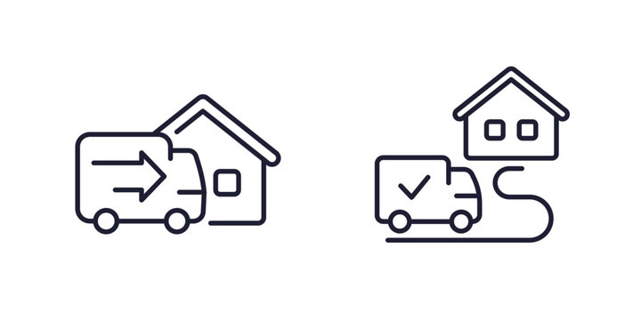 Home delivery line icons with van and house