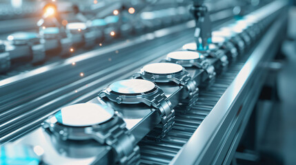 Obraz premium Cybernetic Smartwatch Assembly Line A sleek smartwatch with glowing holographic displays rolling off a conveyor belt Imagine robotic arms.
