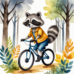 watercolor-illustration a raccoon happily riding a bicycle down a forest path. with e soft trees and bushes