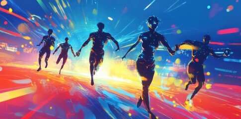 Obraz premium Futuristic runners run forward with energy and collaboration
