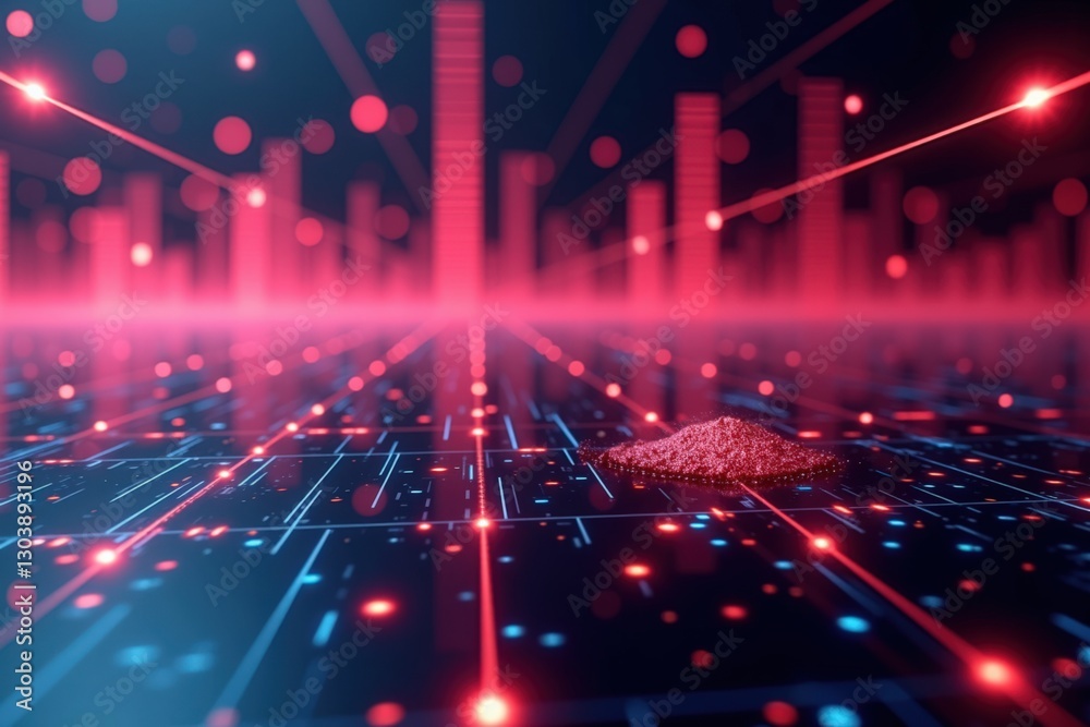 Wall mural abstract digital landscape with red and blue lights, featuring flowing data streams and centralized 