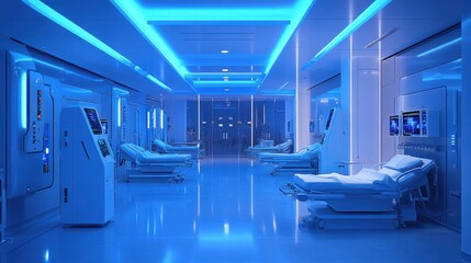A detailed image of a kidney dialysis center with multiple treatment stations