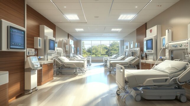 A detailed image of a kidney dialysis center with multiple treatment stations