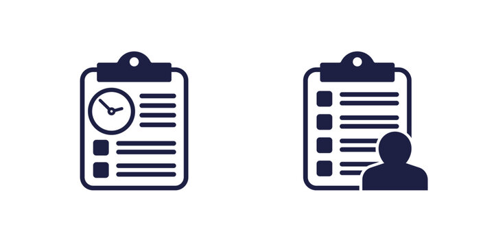 timesheet and time tracking icons, worker and checklist