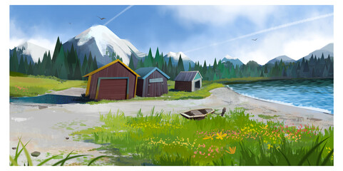 Illustration. Landscape. Sea houses and boats.