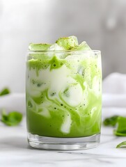 Iced Matcha Latte with Cream Swirl Refreshing Summer Drink Green Tea Beverage
