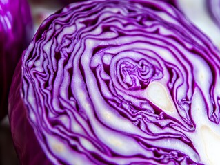 Obraz premium 紫キャベツの断面の美しい渦模様クローズアップ | Close-Up of Beautiful Swirling Patterns in Red Cabbage Cross-Section