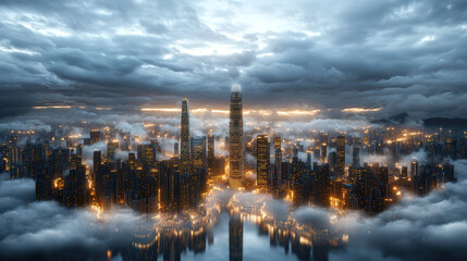 Obraz premium stunning cityscape with towering skyscrapers and dramatic clouds