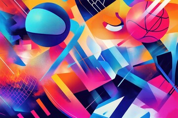 Vibrant abstract art piece featuring colorful basketballs and shapes