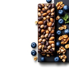 A gourmet black plate decorated with assorted nuts and fresh juicy blueberries for healthy snacking