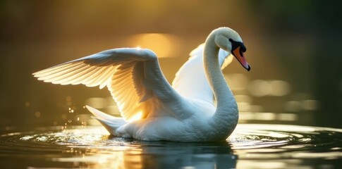 Graceful white swan, wings outstretched, bathed in warm sunlight , fauna, poise