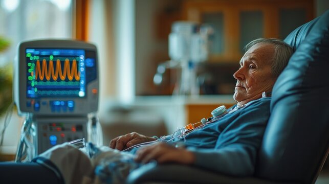 A patient undergoing peritoneal dialysis at home with portable medical equipment