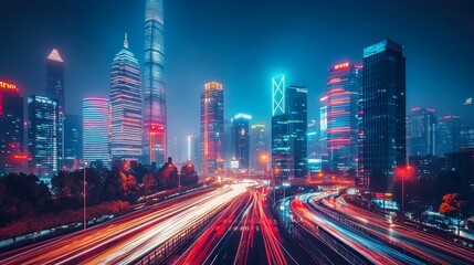 Fototapeta premium Vibrant city lights illuminate a dynamic cityscape at night with long exposure trails