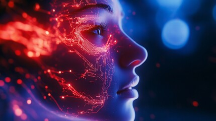 Obraz premium Abstract futuristic portrait of a woman with glowing red circuit patterns