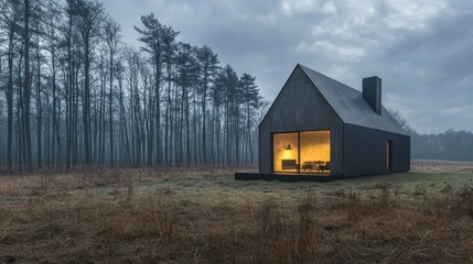 Obraz premium Modern Cabin in a Misty Forest at Dusk