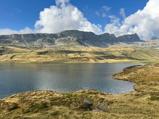 The alpine lake Tannensee or Tannen Lake in the Uri Alps mountain massif, Kerns - Canton of Obwalden, Switzerland (Kanton Obwald, Schweiz)