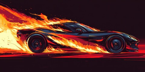 Burning car racing down the road is a speedy sportscar