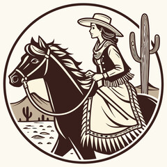 Retro Vintage Western Cowgirl Bohemian, Boho Chic Women Horse Illustration, Cowboy Bronco Rodeo