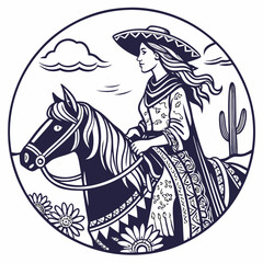 Retro Vintage Western Cowgirl Bohemian, Boho Chic Women Horse Illustration, Cowboy Bronco Rodeo