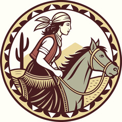 Retro Vintage Western Cowgirl Bohemian, Boho Chic Women Horse Illustration, Cowboy Bronco Rodeo