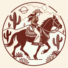 Retro Vintage Western Cowgirl Bohemian, Boho Chic Women Horse Illustration, Cowboy Bronco Rodeo