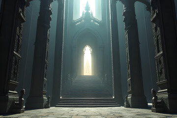 An impossibly massive cathedral, its towering spires disappearing into the misty heavens