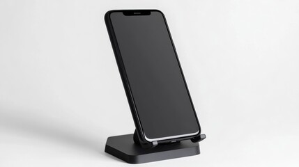 A black mobile phone is resting on a modern charging stand