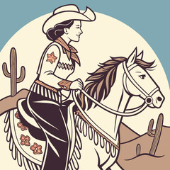 Retro Vintage Western Cowgirl Bohemian, Boho Chic Women Horse Illustration, Cowboy Bronco Rodeo