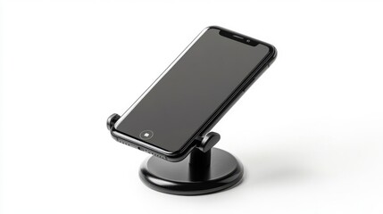 A modern mobile phone displayed on a round black stand