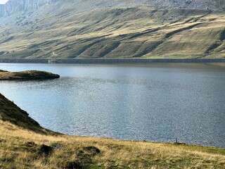The alpine lake Tannensee or Tannen Lake in the Uri Alps mountain massif, Kerns - Canton of Obwalden, Switzerland (Kanton Obwald, Schweiz)