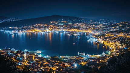 Fototapeta premium Night Lights of Kotor Bay, Montenegro: A Breathtaking Nighttime Panorama