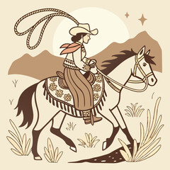 Retro Vintage Western Cowgirl Bohemian, Boho Chic Women Horse Illustration, Cowboy Bronco Rodeo
