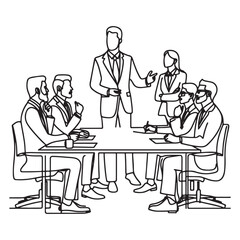 continuous one single black line art doodle drawing of Executive leading a team meeting in a conference room illustration