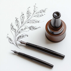 Elegant fountain pens and ink bottle beside delicate ink drawing of leaves. composition showcases artistry and creativity in minimalist setting