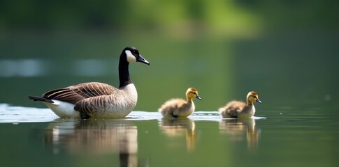 Obraz premium Adult geese lead two goslings across a still lake's surface , water, young, habitat