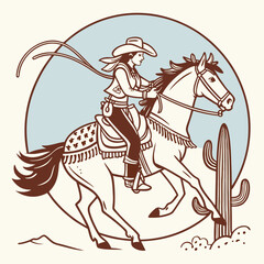 Retro Vintage Western Cowgirl Bohemian, Boho Chic Women Horse Illustration, Cowboy Bronco Rodeo