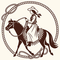 Retro Vintage Western Cowgirl Bohemian, Boho Chic Women Horse Illustration, Cowboy Bronco Rodeo