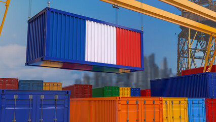 3D rendering of a shipping container with the French flag suspended from a crane in a port dock.