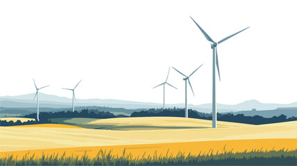 The image depicts a stylized illustration of several wind turbines situated in a vast, gently rolling field of golden-yellow grass. The background shows a hazy, bluish-gray range of hills