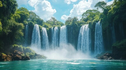 Fototapeta premium Iguazu Falls from a close-up angle, with the power of water crashing into turquoise pools below