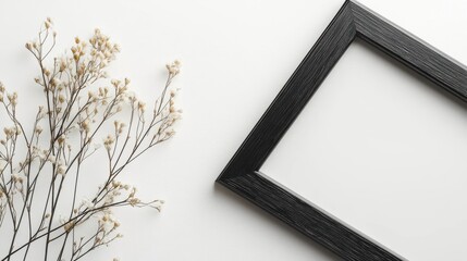 Fototapeta premium A black picture frame with dried flowers on a white surface